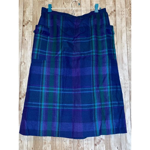 Women's Vintage Tanner Sport Blue Green Plaid Wool Zip Pencil Skirt Size 12 - Picture 7 of 12